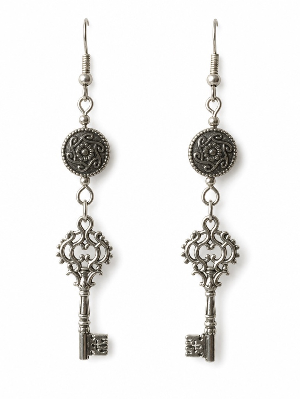 Vintage-Inspired Antique Silver Key Drop Earrings